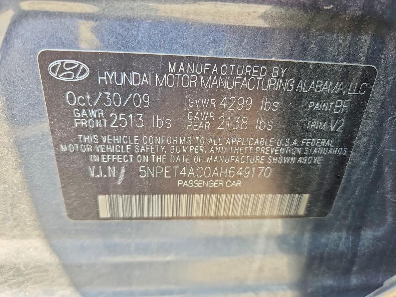 Auction sale of the 2010 Hyundai Sonata, vin: 5NPET4AC0AH649170, lot number: 61225186