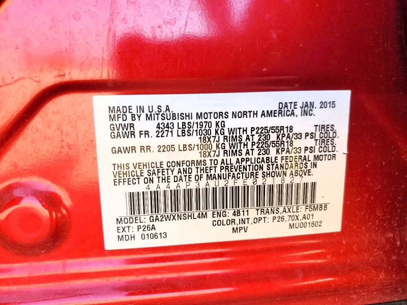 2015 Mitsubishi Outlander Sport მანქანა იყიდება აუქციონზე, vin: 4A4AP3AU2FE021827, აუქციონის ნომერი: 61325066