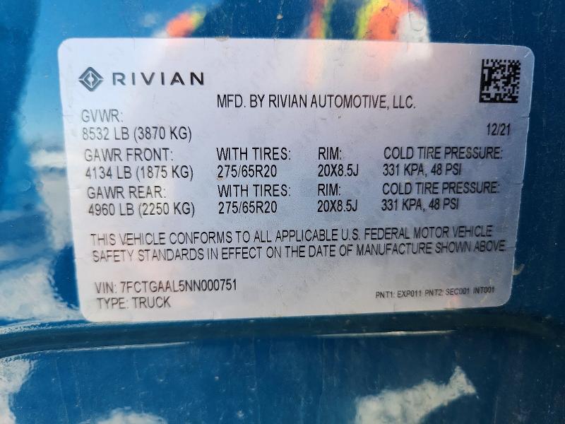 Aukcja sprzedaży 2022 Rivian R1t, vin: 7FCTGAAL5NN000751, numer aukcji: 59659886