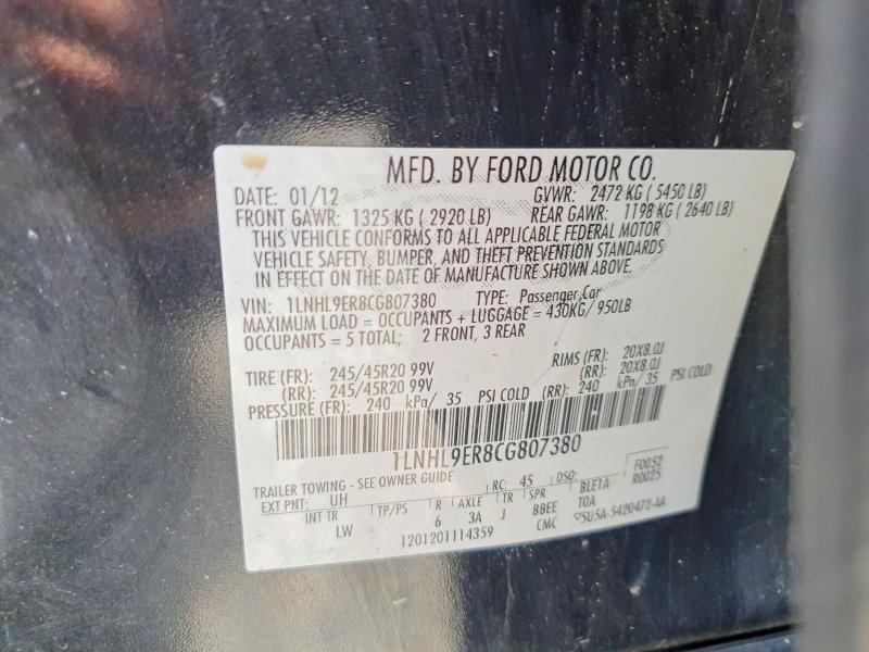 2012 Lincoln Mks მანქანა იყიდება აუქციონზე, vin: 1LNHL9ER8CG807380, აუქციონის ნომერი: 59965586