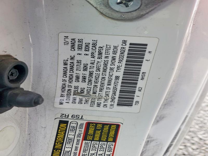 Aukcja sprzedaży 2015 Honda Civic, vin: 2HGFG4A50FH701988, numer aukcji: 62166656