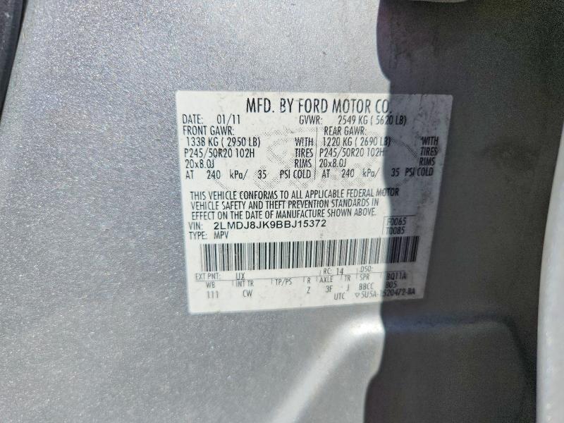 59917926 :رقم المزاد ، 2LMDJ8JK9BBJ15372 vin ، 2011 Lincoln Mkx مزاد بيع