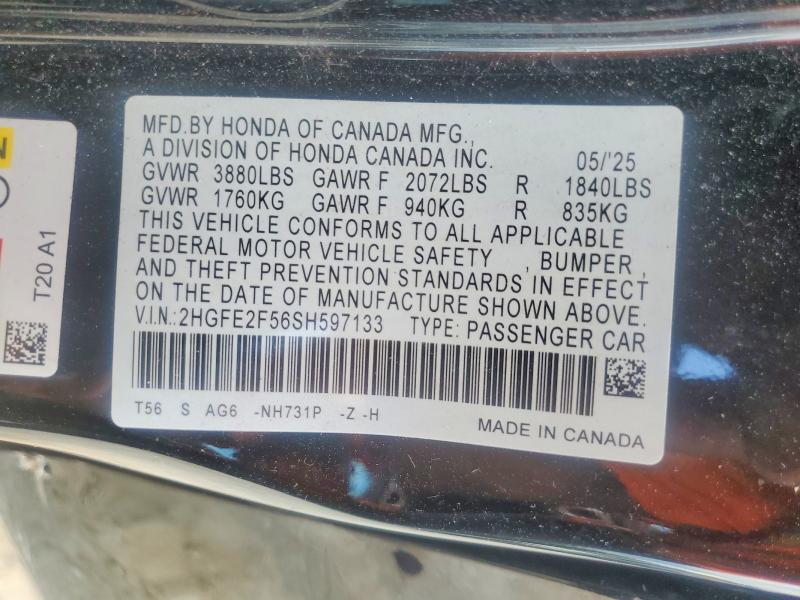 2025 Honda Civic მანქანა იყიდება აუქციონზე, vin: 2HGFE2F56SH597133, აუქციონის ნომერი: 59998656