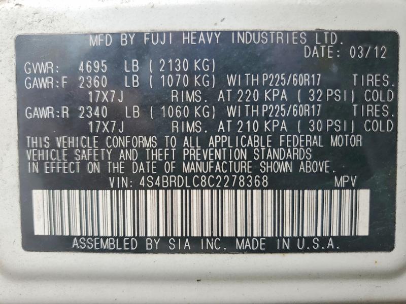 Продажа на аукционе авто 2012 Subaru Outback, vin: 4S4BRDLC8C2278368, номер лота: 59918586