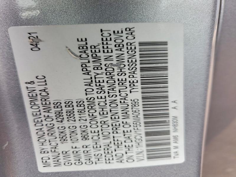 2021 Honda Accord მანქანა იყიდება აუქციონზე, vin: 1HGCV1F55MA067895, აუქციონის ნომერი: 62939076