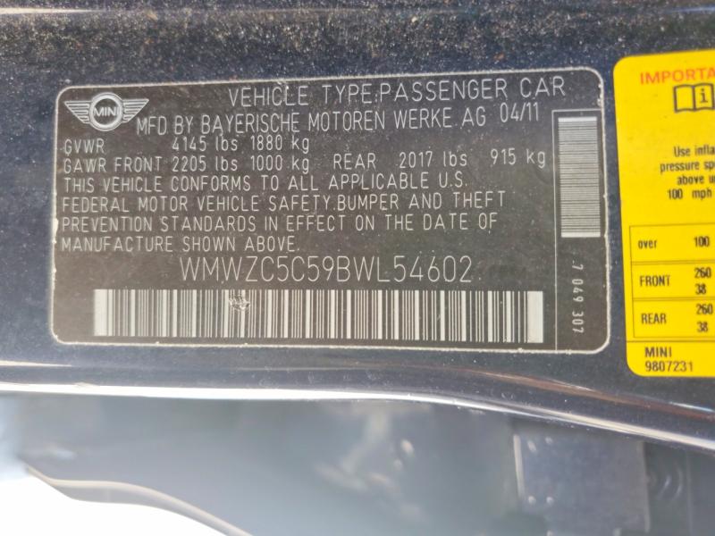 59242236 :رقم المزاد ، WMWZC5C59BWL54602 vin ، 2011 Mini Cooper مزاد بيع