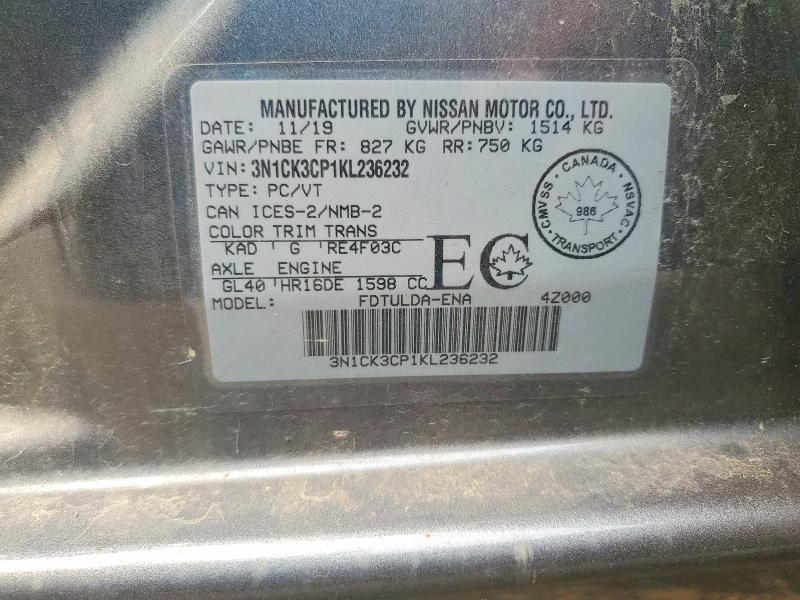 61284186 :رقم المزاد ، 3N1CK3CP1KL236232 vin ، 2019 Nissan Micra مزاد بيع