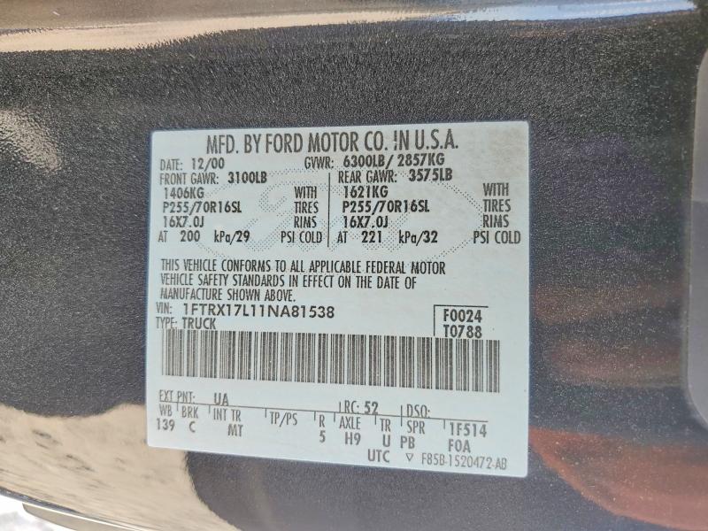 59852196 :رقم المزاد ، 1FTRX17L11NA81538 vin ، 2001 Ford F150 مزاد بيع