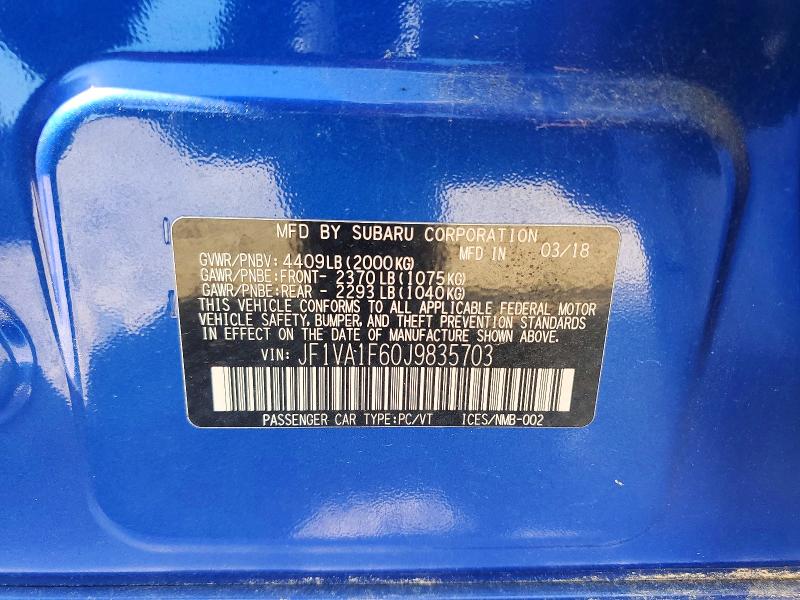 Продажа на аукционе авто 2018 Subaru Wrx, vin: JF1VA1F60J9835703, номер лота: 60589526