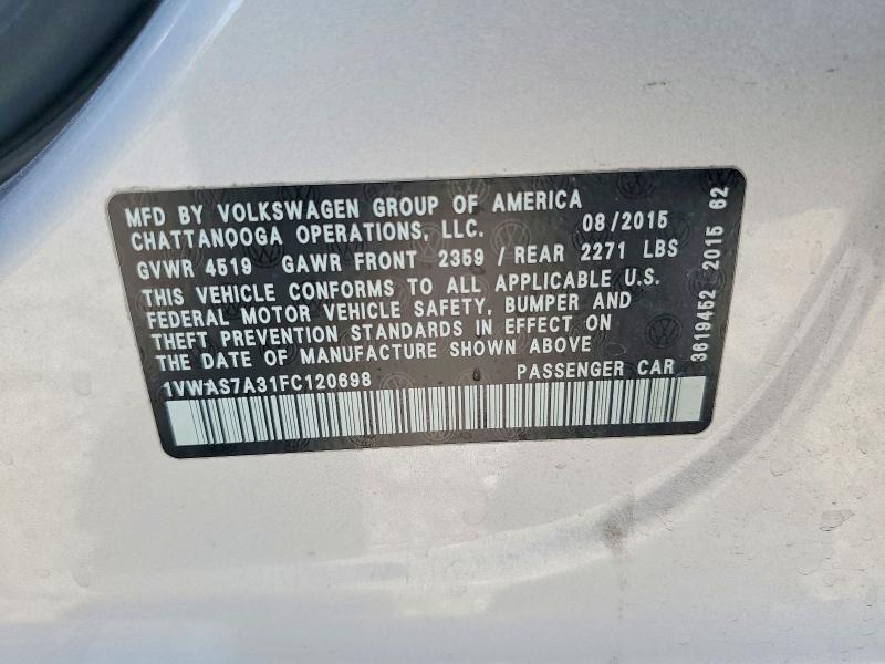 61089416 :رقم المزاد ، 1VWAS7A31FC120698 vin ، 2015 Volkswagen Passat مزاد بيع