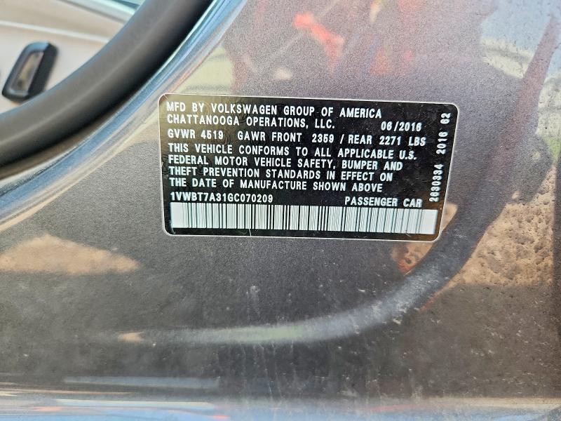 Продажа на аукционе авто 2016 Volkswagen Passat, vin: 1VWBT7A31GC070209, номер лота: 58942466