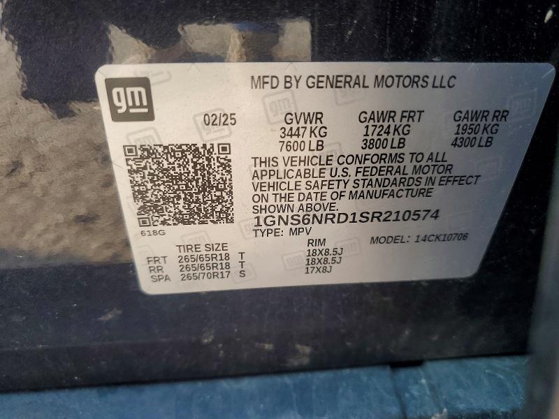 Продаж на аукціоні авто 2025 Chevrolet Tahoe, vin: 1GNS6NRD1SR210574, номер лоту: 62257156