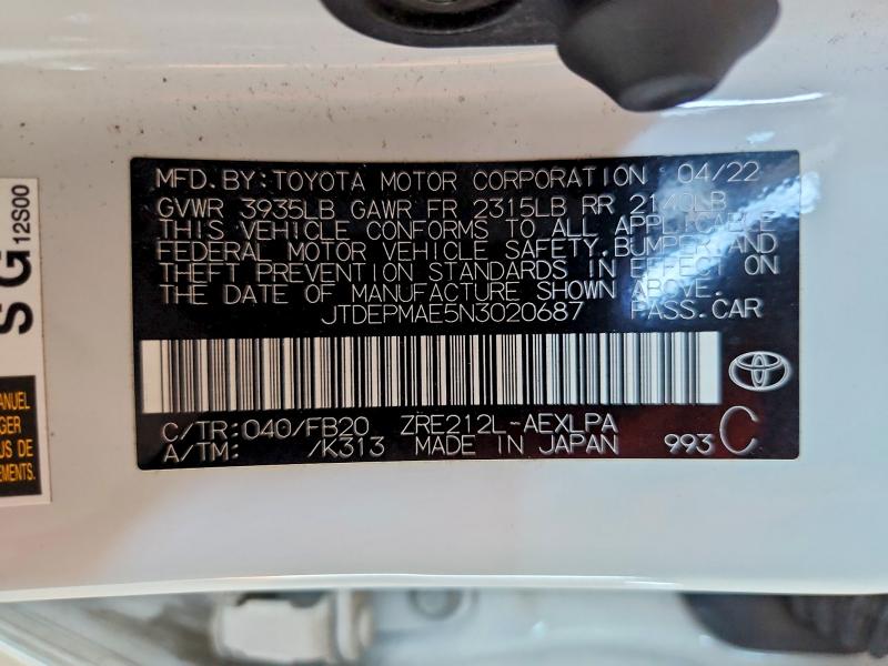 Aukcja sprzedaży 2022 Toyota Corolla, vin: JTDEPMAE5N3020687, numer aukcji: 63026696