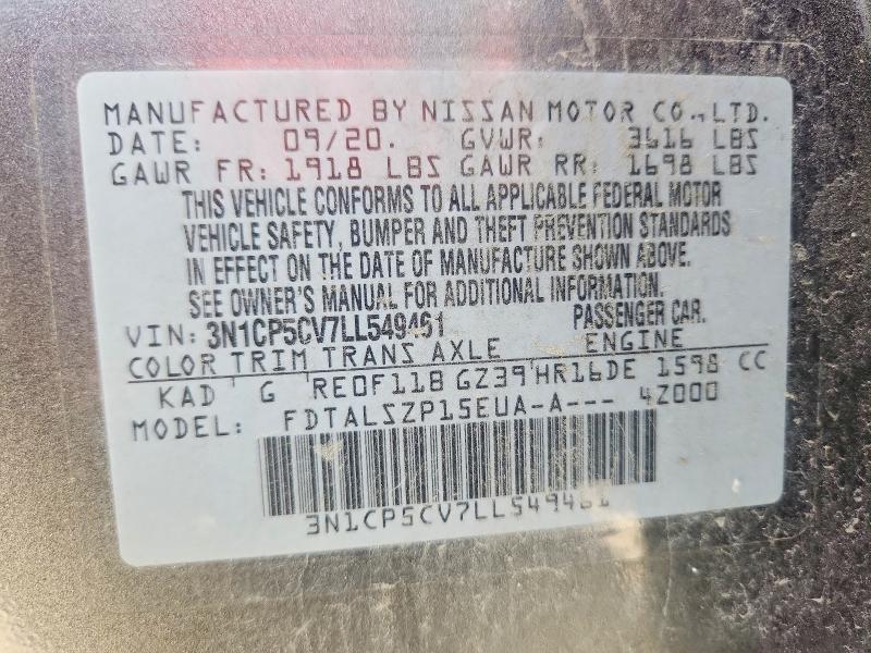 Продаж на аукціоні авто 2020 Nissan Kicks, vin: 3N1CP5CV7LL549461, номер лоту: 59877486