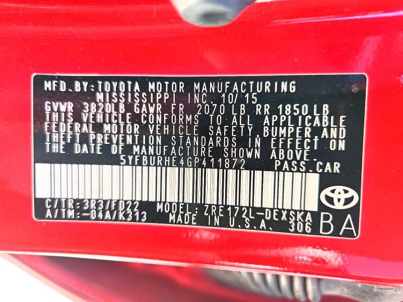 59876346 :رقم المزاد ، 5YFBURHE4GP411872 vin ، 2016 Toyota Corolla مزاد بيع