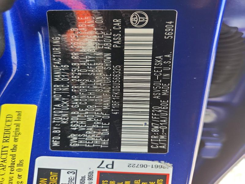 2016 Toyota Camry მანქანა იყიდება აუქციონზე, vin: 4T1BF1FK0GU566325, აუქციონის ნომერი: 63021656