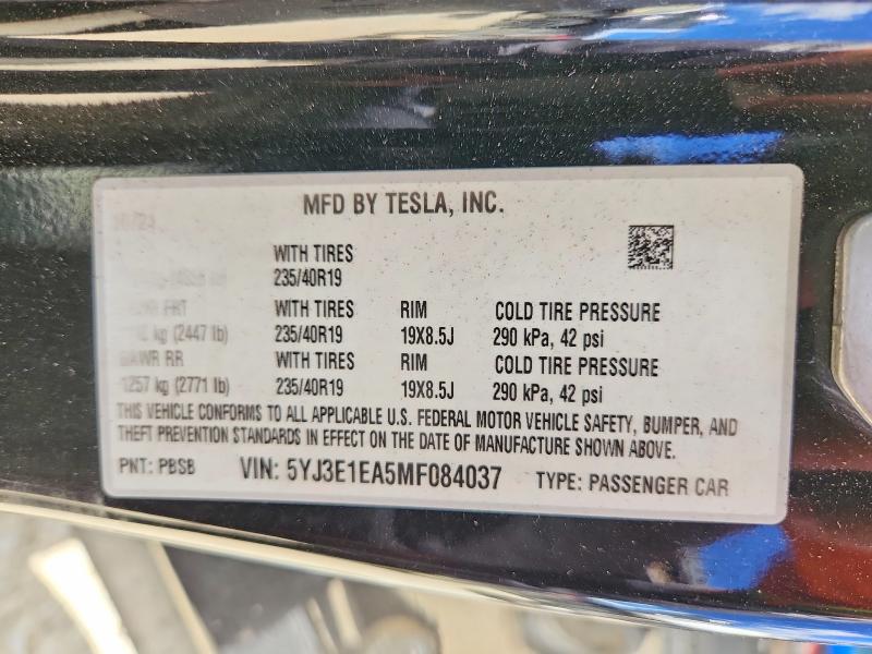 2021 Tesla Model 3 მანქანა იყიდება აუქციონზე, vin: 5YJ3E1EA5MF084037, აუქციონის ნომერი: 61909306