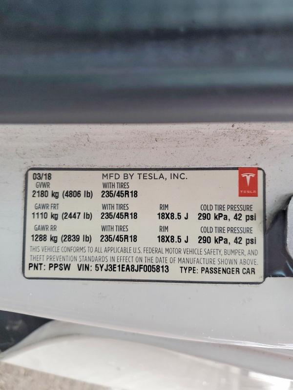 Продажа на аукционе авто 2018 Tesla Model 3, vin: 5YJ3E1EA8JF005813, номер лота: 59850426
