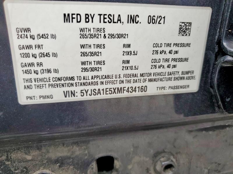 Aukcja sprzedaży 2021 Tesla Model S, vin: 5YJSA1E5XMF434160, numer aukcji: 62686376