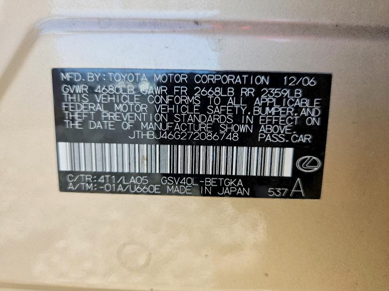Продаж на аукціоні авто 2007 Lexus Es, vin: JTHBJ46G272086748, номер лоту: 61178866
