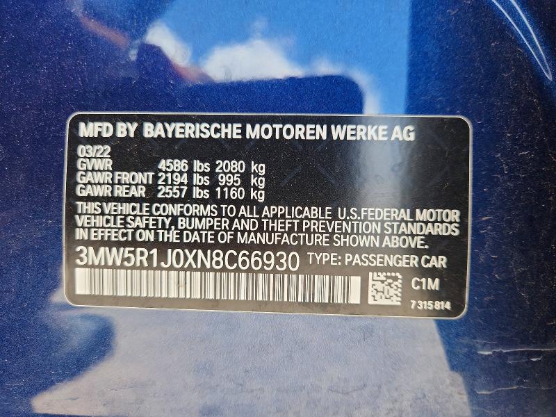 Aukcja sprzedaży 2022 Bmw 330i, vin: 3MW5R1J0XN8C66930, numer aukcji: 59199116