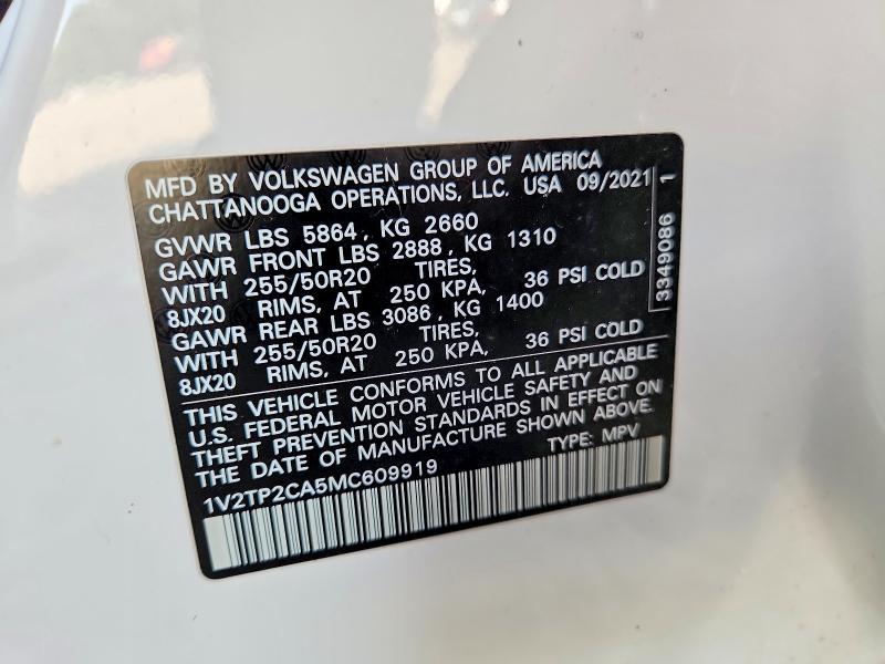 59735046 :رقم المزاد ، 1V2TP2CA5MC609919 vin ، 2021 Volkswagen Atlas مزاد بيع