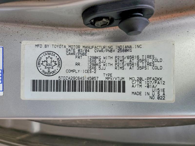 Продаж на аукціоні авто 2004 Toyota Sienna, vin: 5TDZA29C64S145057, номер лоту: 60373216