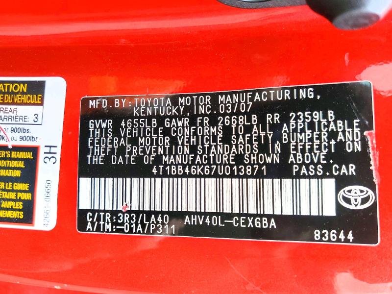 Aukcja sprzedaży 2007 Toyota Camry, vin: 4T1BB46K67U013871, numer aukcji: 62932986