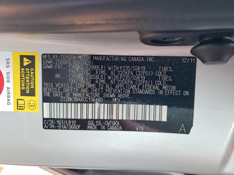 Aukcja sprzedaży 2012 Lexus Rx, vin: 2T2BK1BAXCC136480, numer aukcji: 62084746