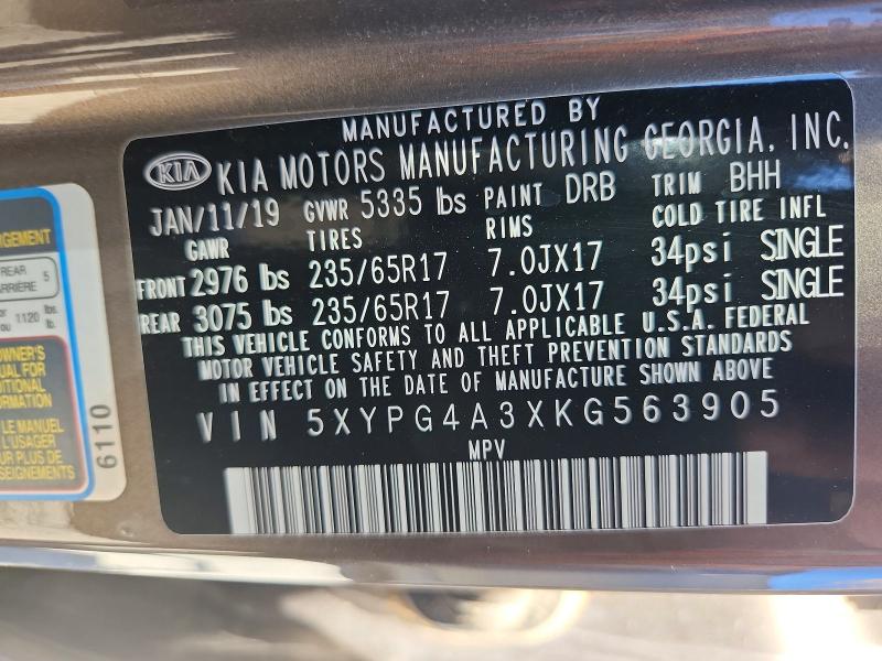 63427196 :رقم المزاد ، 5XYPG4A3XKG563905 vin ، 2019 Kia Sorento مزاد بيع