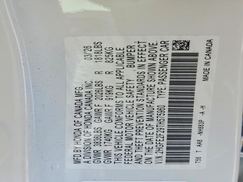 61559466 :رقم المزاد ، 2HGFE2F29TH575960 vin ، 2026 Honda Civic مزاد بيع