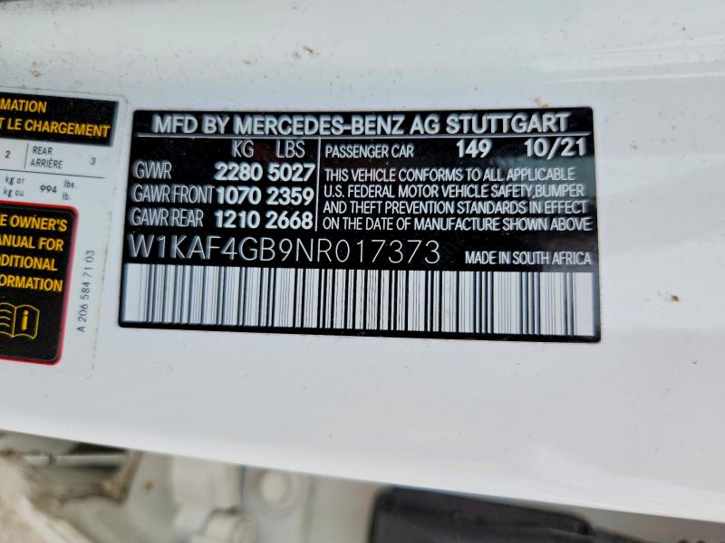 Продажа на аукционе авто 2022 Mercedes-benz C, vin: W1KAF4GB9NR017373, номер лота: 62501086