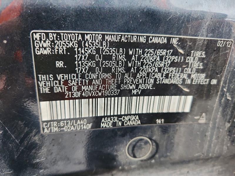 Продажа на аукционе авто 2012 Toyota Rav4, vin: 2T3DF4DVXCW190337, номер лота: 61678196