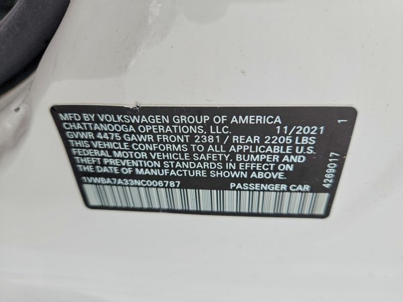 Продажа на аукционе авто 2022 Volkswagen Passat, vin: 1VWBA7A33NC006787, номер лота: 62240416
