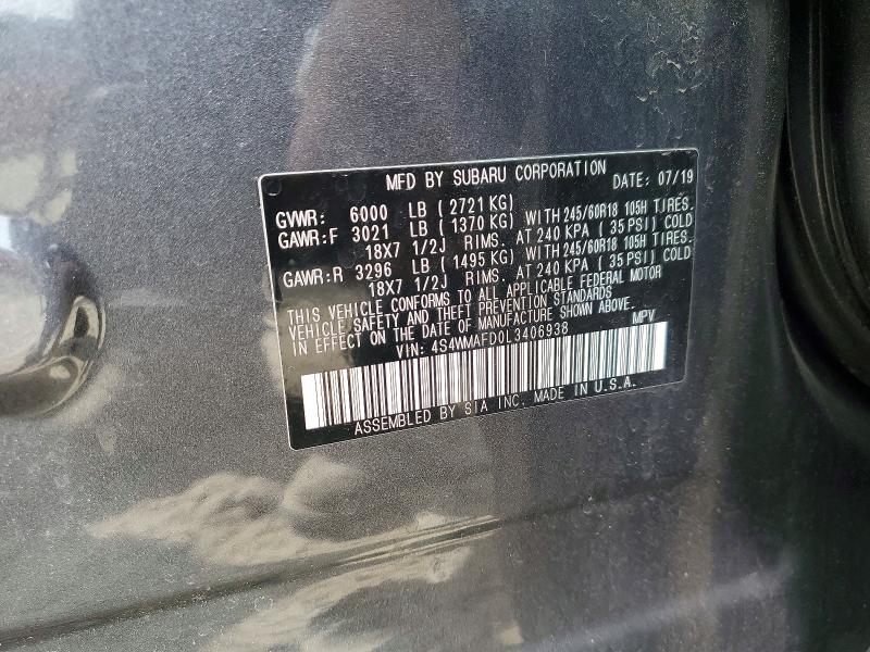 61367626 :رقم المزاد ، 4S4WMAFD0L3406938 vin ، 2020 Subaru Ascent مزاد بيع