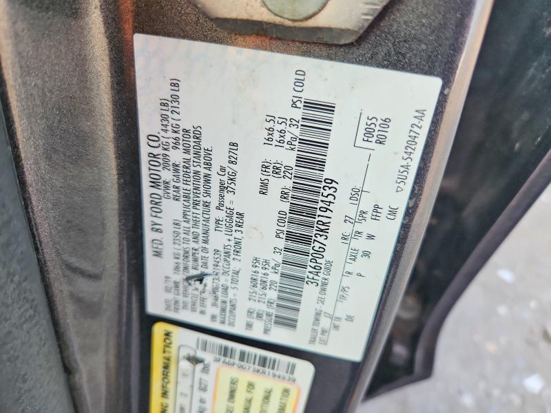 Продажа на аукционе авто 2019 Ford Fusion, vin: 3FA6P0G73KR194539, номер лота: 62628036