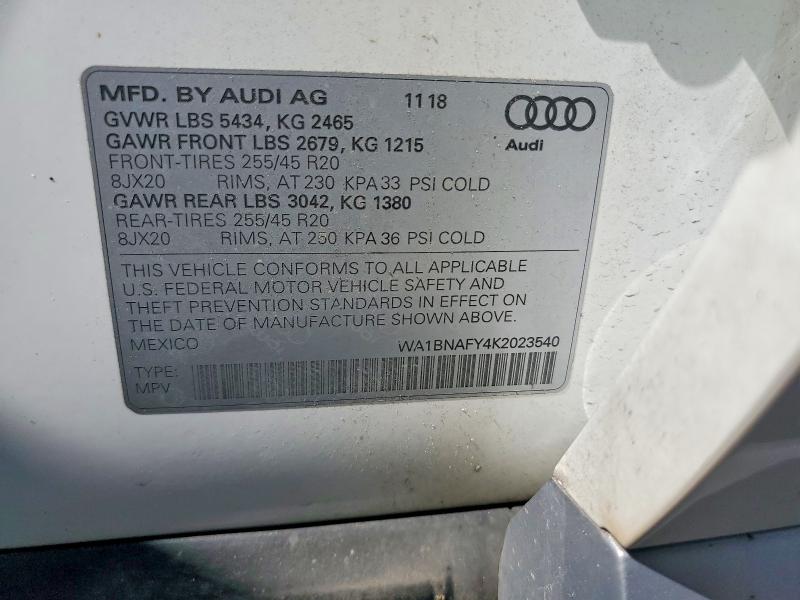 2019 Audi Q5 მანქანა იყიდება აუქციონზე, vin: WA1BNAFY4K2023540, აუქციონის ნომერი: 61845026