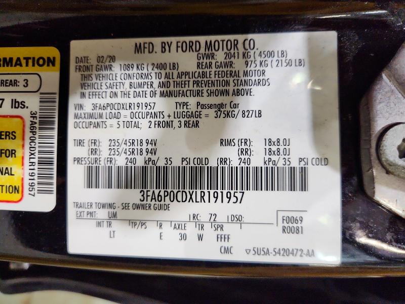 Продаж на аукціоні авто 2020 Ford Fusion, vin: 3FA6P0CDXLR191957, номер лоту: 63362406