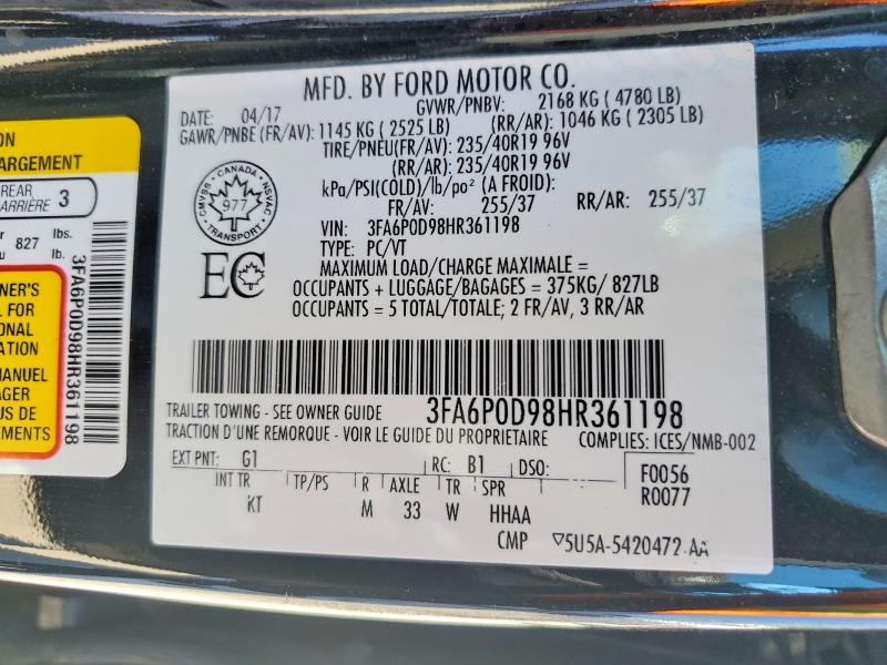 Aukcja sprzedaży 2017 Ford Fusion, vin: 3FA6P0D98HR361198, numer aukcji: 63201186
