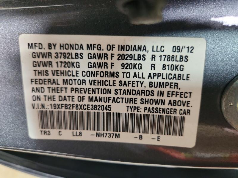 60290036 :رقم المزاد ، 19XFB2F8XCE382045 vin ، 2012 Honda Civic مزاد بيع