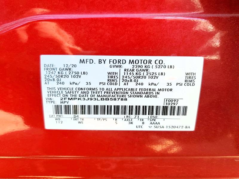 2020 Ford Edge მანქანა იყიდება აუქციონზე, vin: 2FMPK3J93LBB58788, აუქციონის ნომერი: 57607346