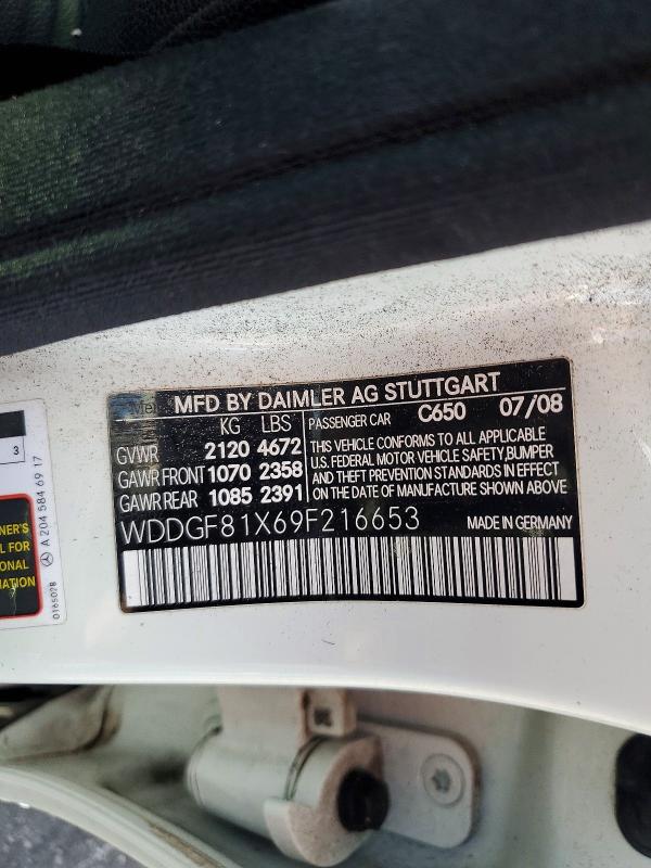 2009 Mercedes-benz C მანქანა იყიდება აუქციონზე, vin: WDDGF81X69F216653, აუქციონის ნომერი: 61723626