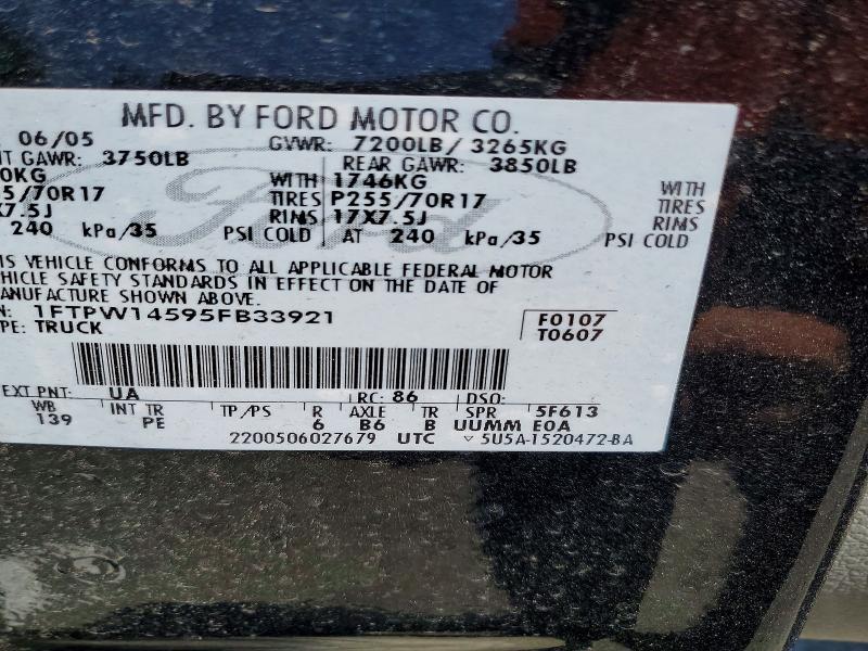 2005 Ford F150 მანქანა იყიდება აუქციონზე, vin: 1FTPW14595FB33921, აუქციონის ნომერი: 60740306