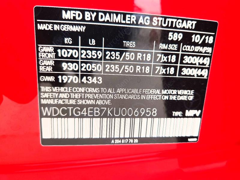 Aukcja sprzedaży 2019 Mercedes-benz Gla, vin: WDCTG4EB7KU006958, numer aukcji: 61211536