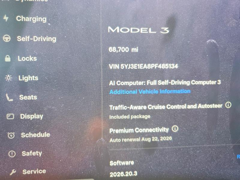 2023 Tesla Model 3 მანქანა იყიდება აუქციონზე, vin: 5YJ3E1EA8PF485134, აუქციონის ნომერი: 62821096