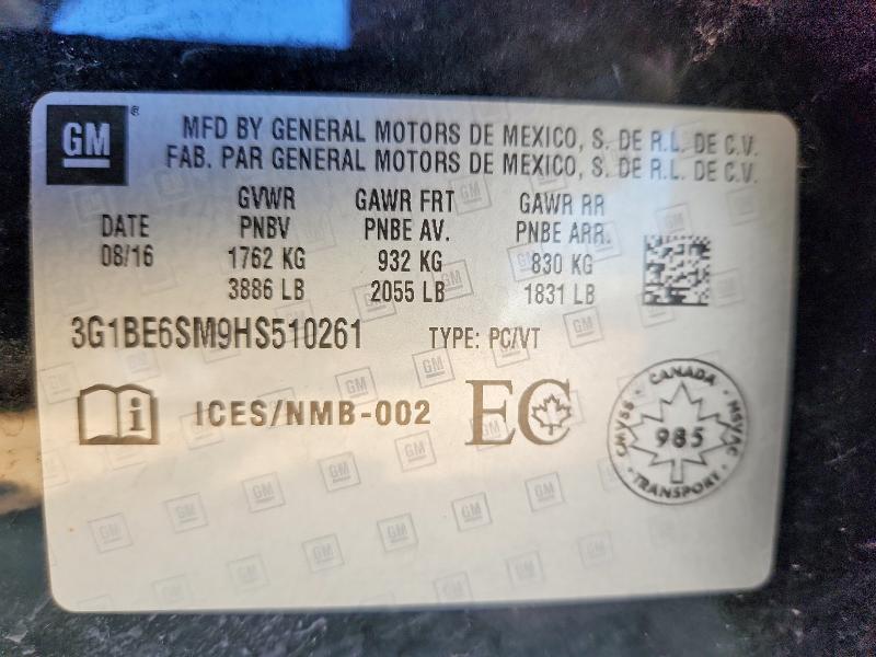 62117356 :رقم المزاد ، 3G1BE6SM9HS510261 vin ، 2017 Chevrolet Cruze مزاد بيع