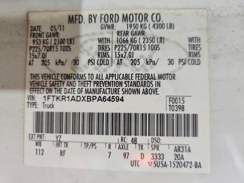 2011 Ford Ranger მანქანა იყიდება აუქციონზე, vin: 1FTKR1ADXBPA64594, აუქციონის ნომერი: 63117666