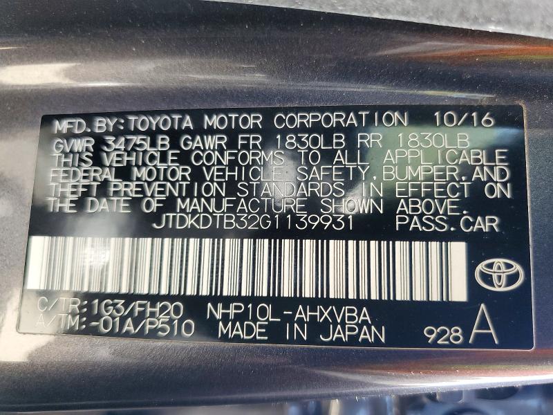 2016 Toyota Prius C მანქანა იყიდება აუქციონზე, vin: JTDKDTB32G1139931, აუქციონის ნომერი: 63363906