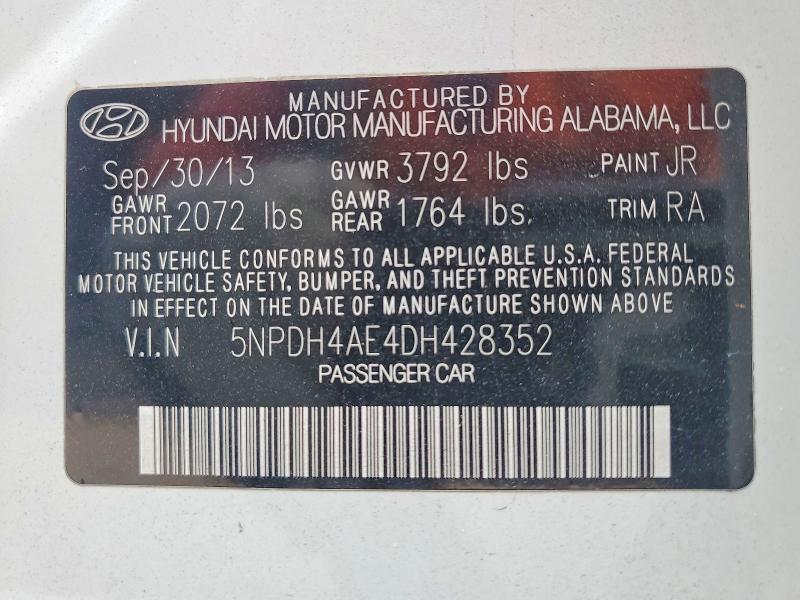 2013 Hyundai Elantra მანქანა იყიდება აუქციონზე, vin: 5NPDH4AE4DH428352, აუქციონის ნომერი: 62282826