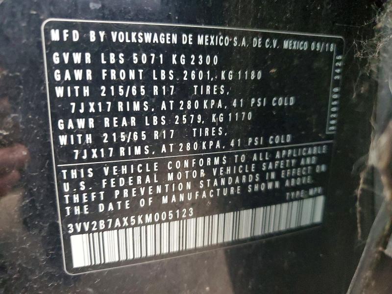 Aukcja sprzedaży 2019 Volkswagen Tiguan, vin: 3VV2B7AX5KM005123, numer aukcji: 60753036